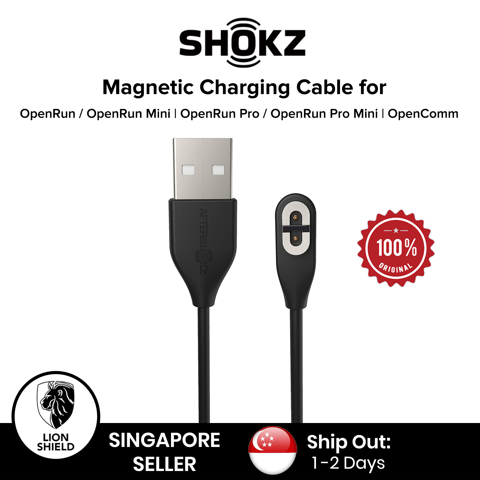 (SG) Shokz OpenRun / OpenRun Mini / OpenRun Pro / OpenRun Pro Mini / OpenComm / Aftershokz Aeropex / Aeropex Mini Magnetic Charging Cable - Black