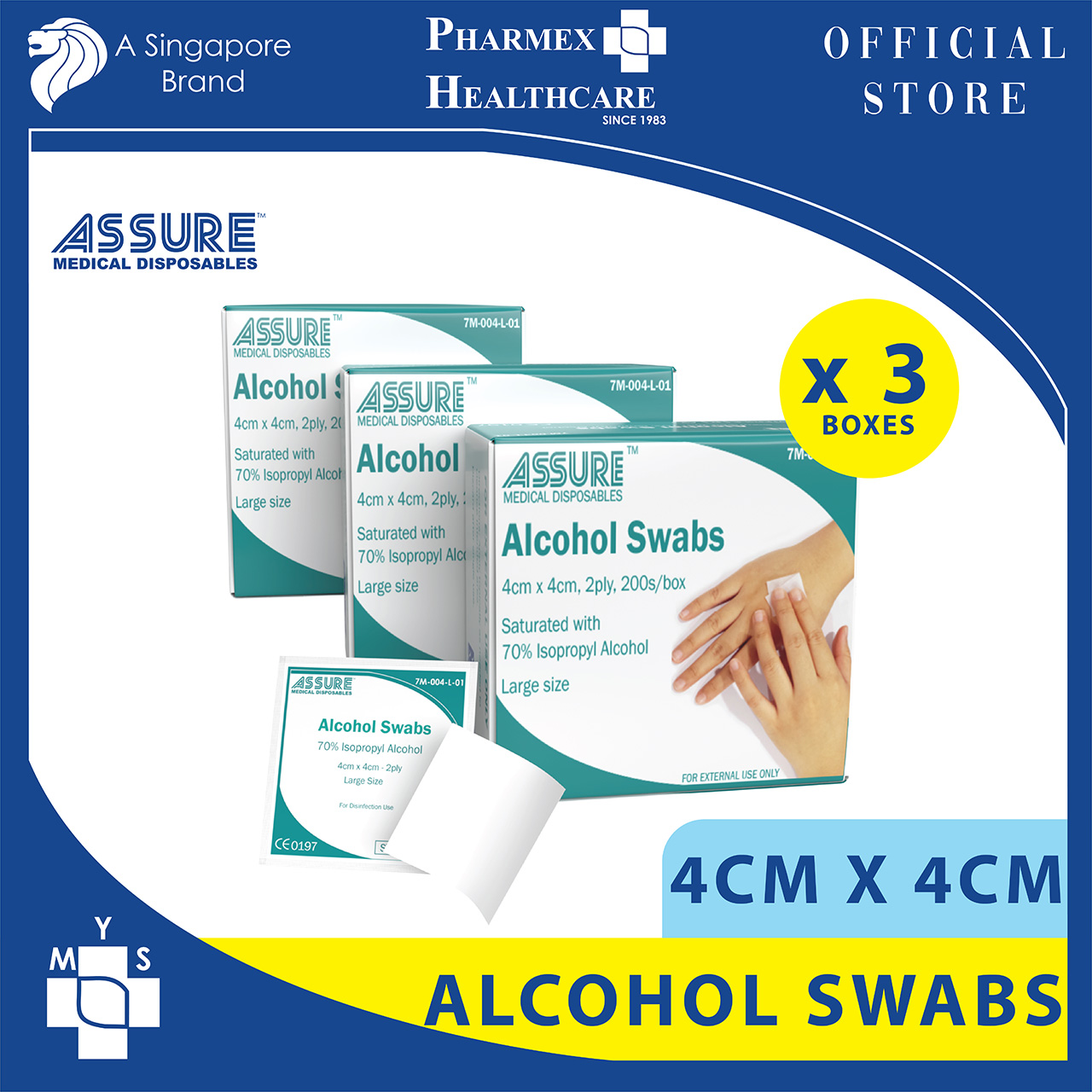 [Bundle of 3] ASSURE Alcohol Swab Sterile 4cm X 4cm 2-Ply 200 Pce/Box
