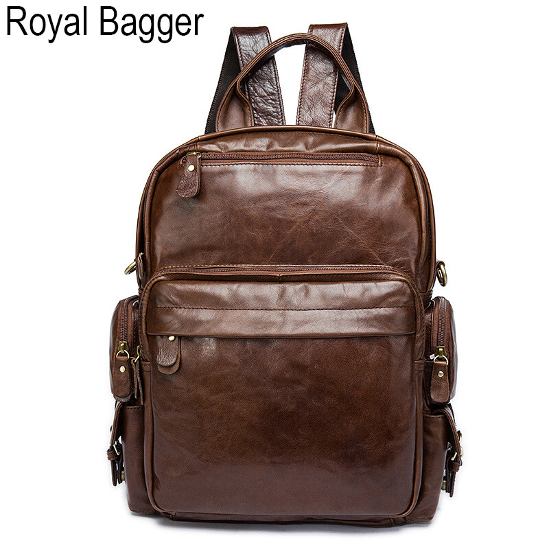 Royal Bagger Genuine Cow Leather Waterproof High Capacity Travel Computer Backpack For Boys Men Outdoor Work Handbag Simple Men's Student Backpacks Hot Sale School Shoulder Bags