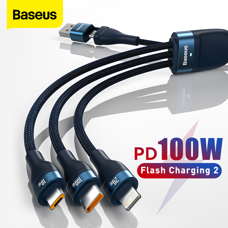 Baseus 100W 3 in 2 USB Type-C Fast Charging Cable PD4.0 QC3.0 USB C Cable for iPhone 14 13 Pro Max 12 5A Micro Type-C Cable for Samsung S20 Huawei P40 Xiaomi 10 Vivo X60