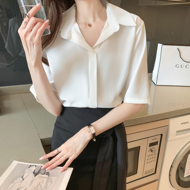 AMMIN Simple fashion lapel cardigan cardigan chiffon shirt women's mid-sleeve summer 2021 new shirt all-match western style blouse tops