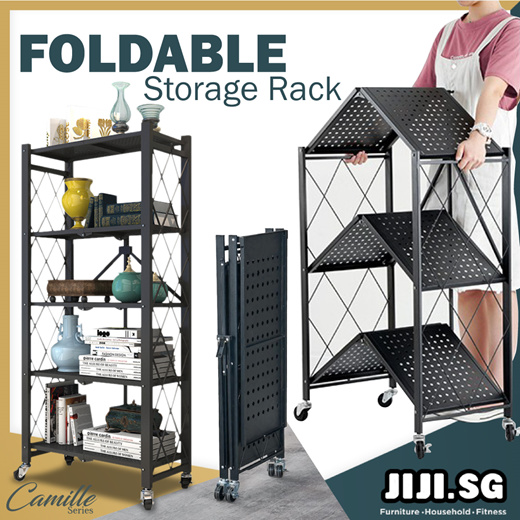 (JIJI.SG) CAMILLE Folding Storage Rack - Fully Foldable EASY INSTALL Full Metal Storage Rack Kitchen Rack / sd