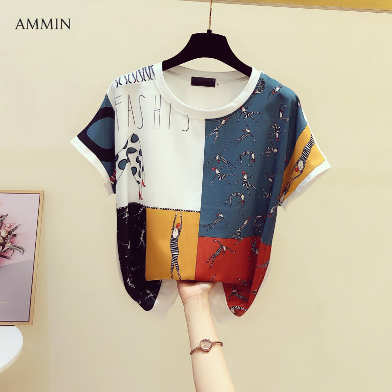AMMIN 2021 early spring new fashion retro Hong Kong flavor loose personality fun chiffon print top women round neck short sleeve t-shirt chic tops