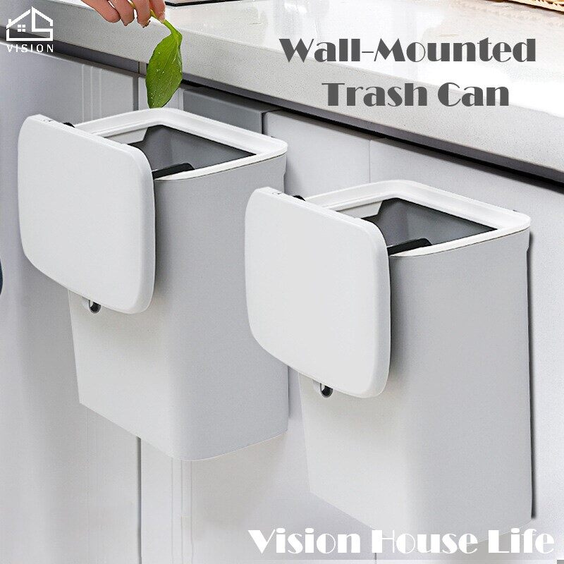 Vision 9L Wall Mounted Trash Can Nordic Sliding Cover Dustbin Kitchen Garbage Can with Cover Large Capacity Trash Can Toilet Bedroom Living Room Creative Trash Can