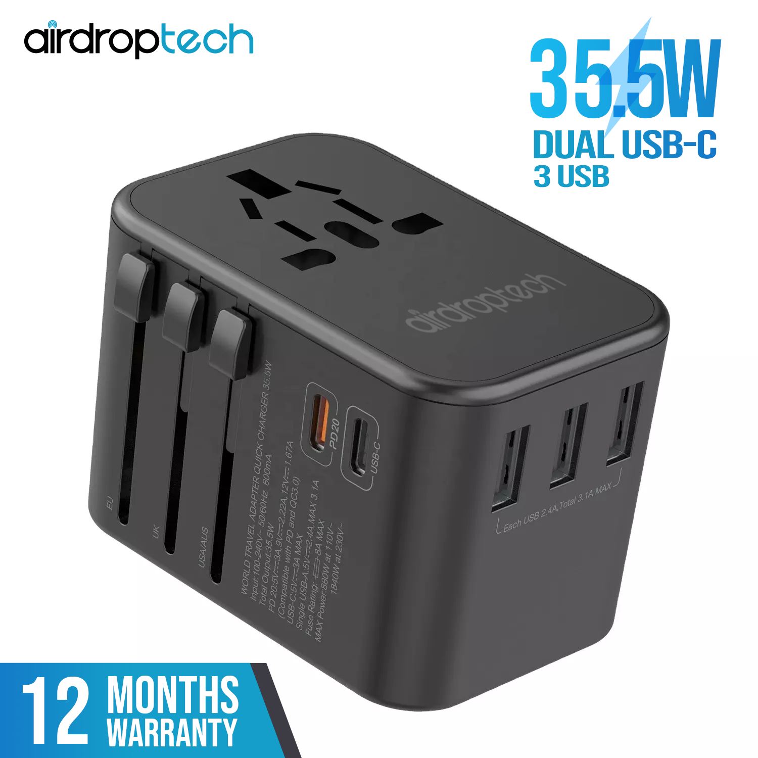 AIRDROPTECH 35.5W PD QC3.0 Type-C + 3 USB Port Quick Charge Universal Travel Adapter Wall Charger
