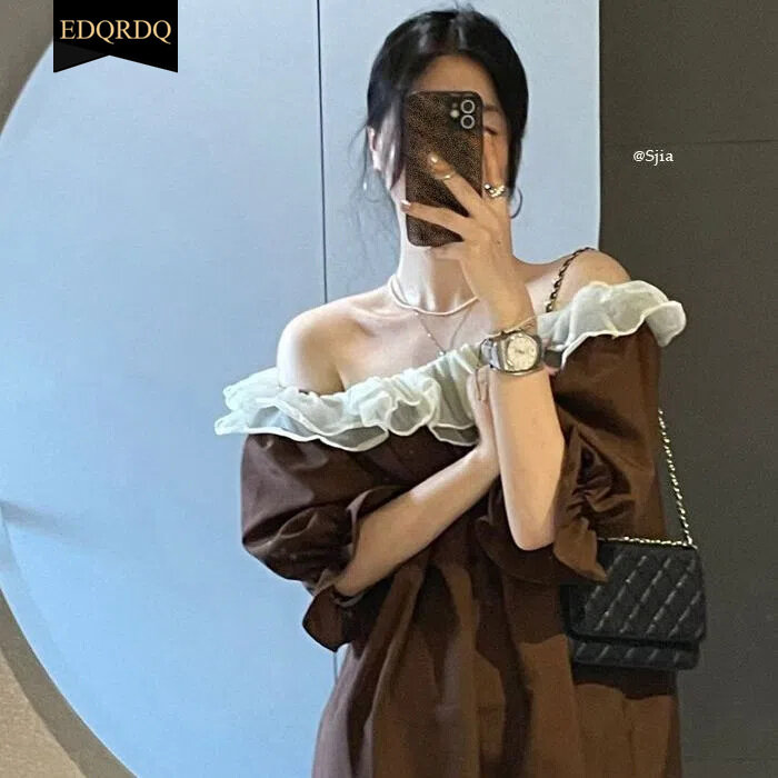 EDQRDQ Women's Off The Shoulder Tops Casual 3/4 Sleeve Blouse Solid Shirts Sexy Ruffle Trim Tunic Tops