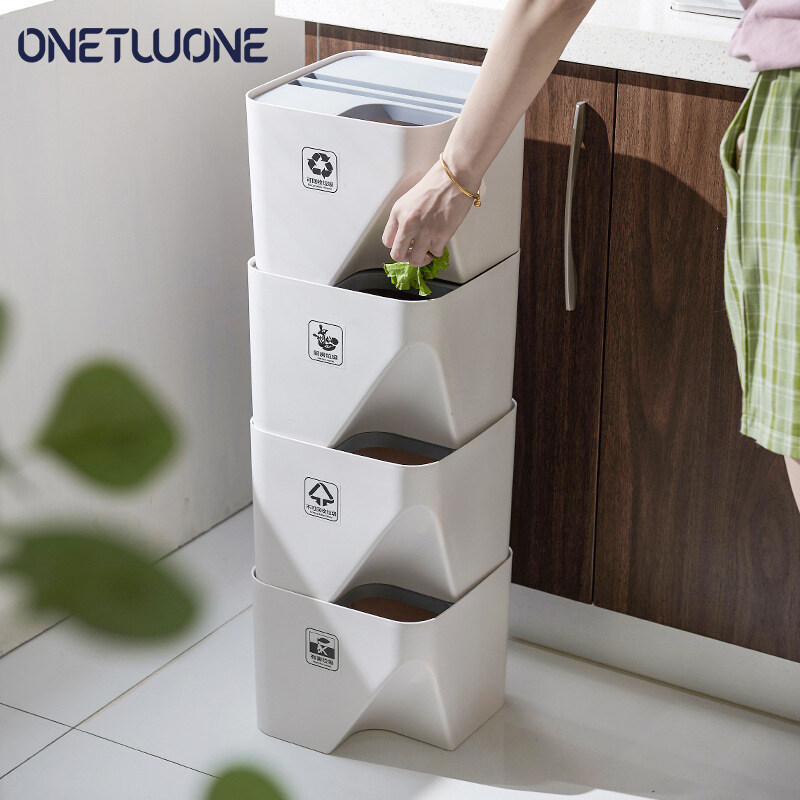 Onetwone Creative Sorting Trash Can Stackable Recycling Can Dry and Wet Separation Dustbin Household Garbage Bins with Lid Kitchen Classification Rubbish Bucket Bathroom Waterproof Waste Container Cle